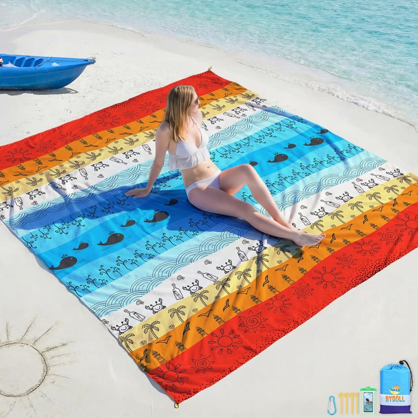 BYDOLL Beach Blanket Waterproof Sandproof Large Sand Free,78''X81''/10'X9' Oversized Sandless Lightweight Blanket Picnic Mat for Beach Travel Camping Hiking with Stakes