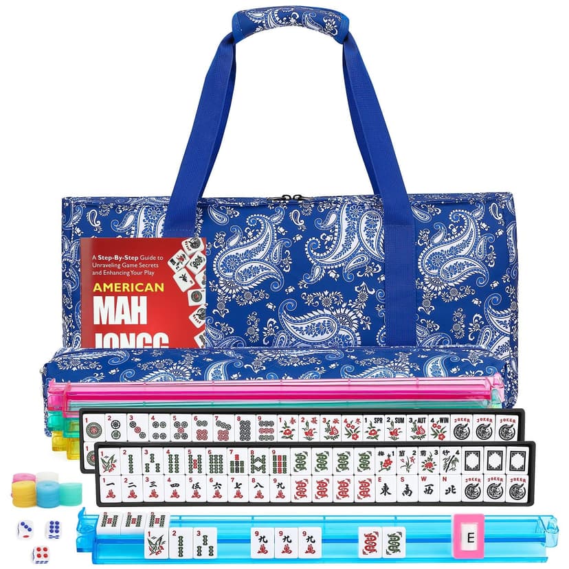 Marllifenney American Mahjong Set, 166 White Tiles with 4 Colors Acrylic Racks, Pushers, Flower Carrying Bag, Portable Travel Set