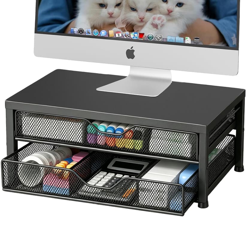 OPNICE Desk Organizer and Accessories, 2-Tier Computer Monitor Stand Riser with 2 Drawer and 2 Pen Holders, Laptop Stand, Office Desk Accessories for Office Supplies, Black