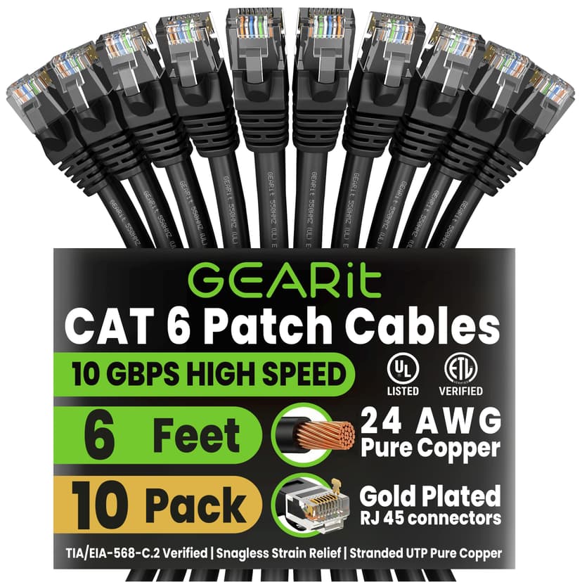 GEARit Cat6 Patch Cables Cat 6 Ethernet Cable 6 ft 10-Pack Black | Ethernet Patch Cable, 10Gbps 550MHz 24AWG Pure Copper, Snagless, Gold Plated RJ45 for Router, Server, Router, PC