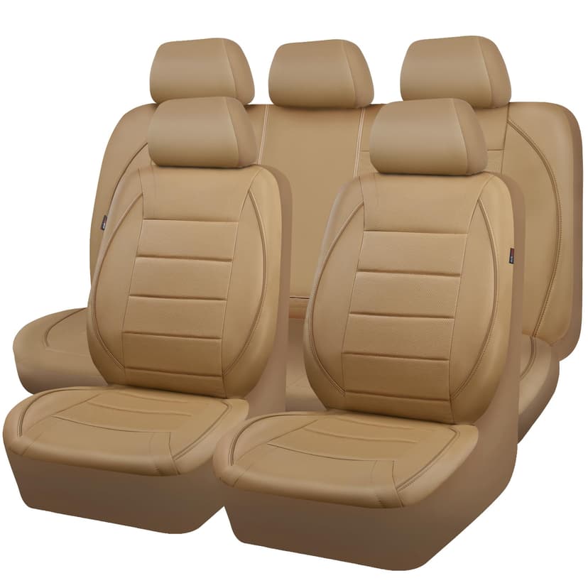 CAR PASS Piping Leather Seat Cover,Universal FIT with Composite Sponge Inside,Airbag Compatible and Reserved Opening Holes,Inside zipper for Cars,Sedan,SUV,Truck(Full Set,Beige with Tan Piping-Stripe)