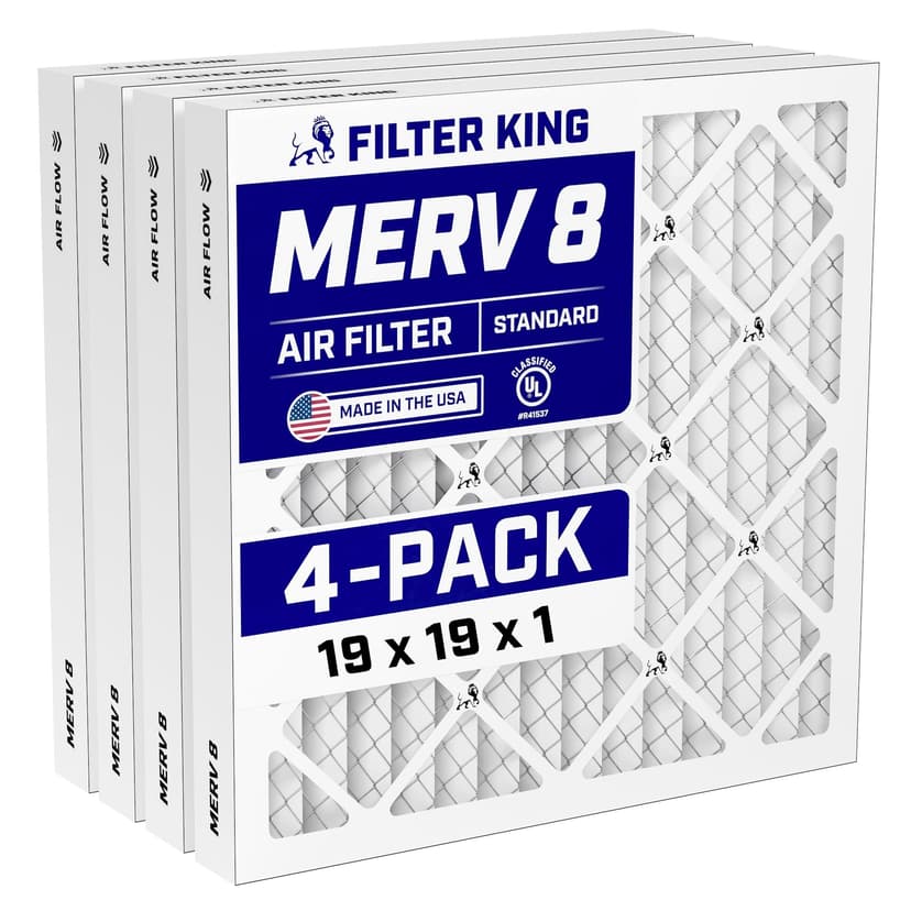 Filter King 19x19x1 Air Filter (MERV 8) (4-Pack) Dust & Allergy Control AC Furnace Filters, MADE IN USA, HVAC, Pleated, Electrostatic (Actual Size: 19 x 19 x .75)