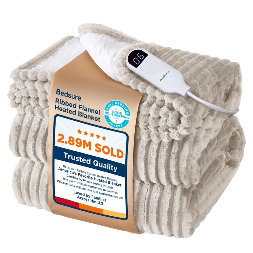 Bedsure Ribbed Electric Blanket Twin, Cream Heated Blanket, Preheat | Fast Heating, 6 Heat & 6 Timer (Up to 10H) Settings, 8 Hours Auto-Off, ETL & FCC, Flannel Sherpa, Gifts for Grandma, 62"x84"