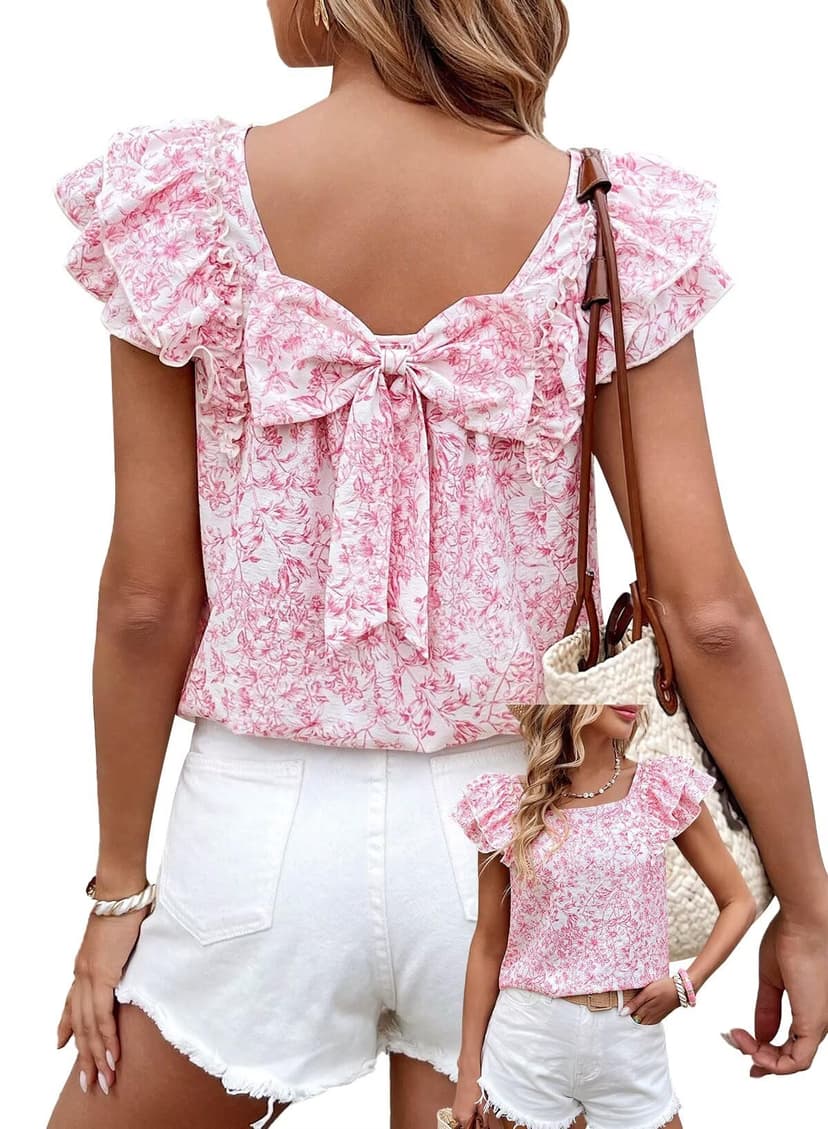 Falechay Womens Bow Tie Back Tops Round Neck Ruffle Short Sleeve Shirts Cute Babydoll Chiffon Tee Women Summer Trendy Tunic