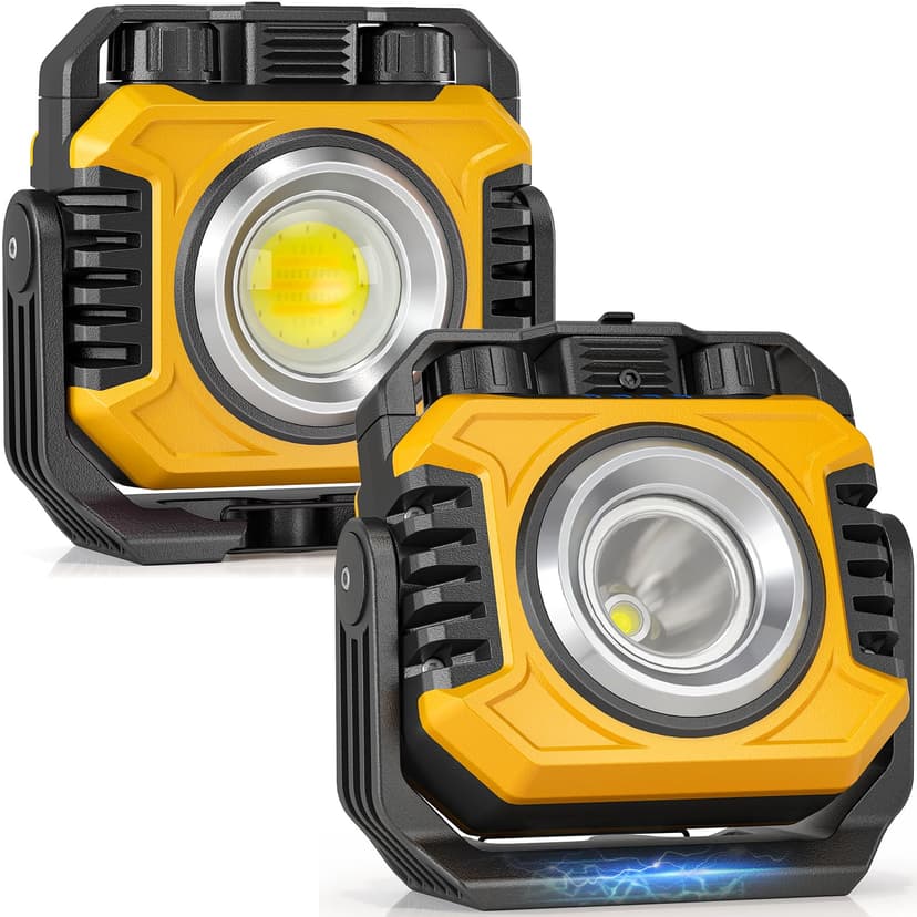 Samyoung 2-Pack 2400LM Magnetic Rechargeable Work Light, Up to 80 Hours | Dual-Sided LED Work Light, Stepless Dimming 2700K-8000K, Magnetic Flashlight with 360° Rotating Stand & Hook, Yellow