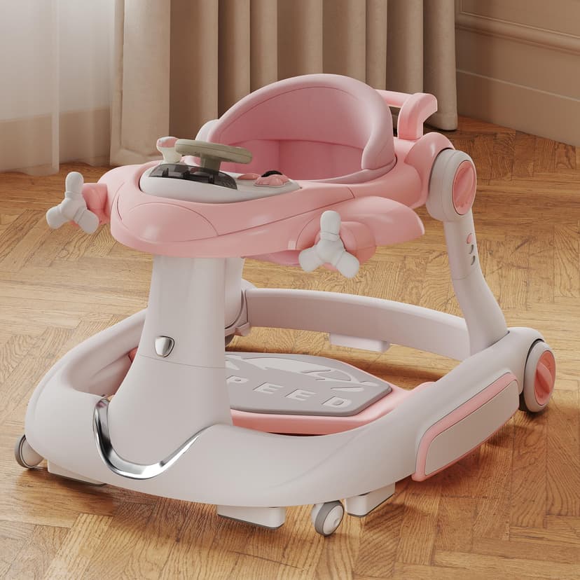 Kinder King 8-in-1 Baby Walker with Music & Lights, 3 Level Height Adjust | Foldable Toddler Walker with Speed Adjustable Wheels, Easy to Clean, Walker for Baby Boys & Girls 6-18 Months, Plane Theme
