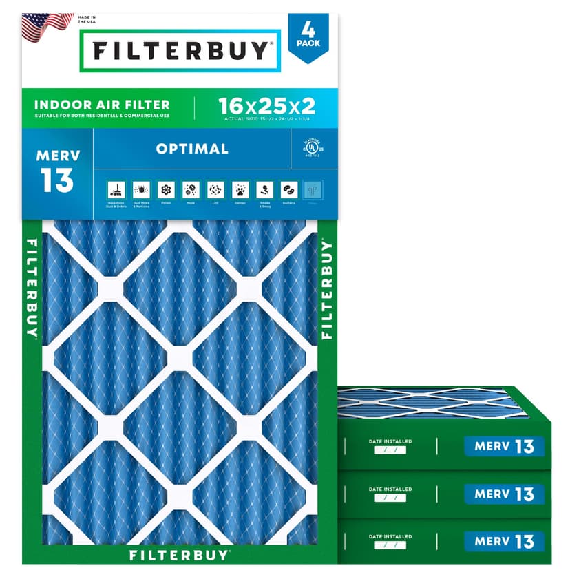 Filterbuy 16x25x2 Air Filter MERV 13 Optimal Smoke & Allergy Defense (4-Pack), Electrostatic Pleated HVAC AC Furnace Filters Replacement, Made in USA (Actual Size: 15.50 x 24.50 x 1.75)