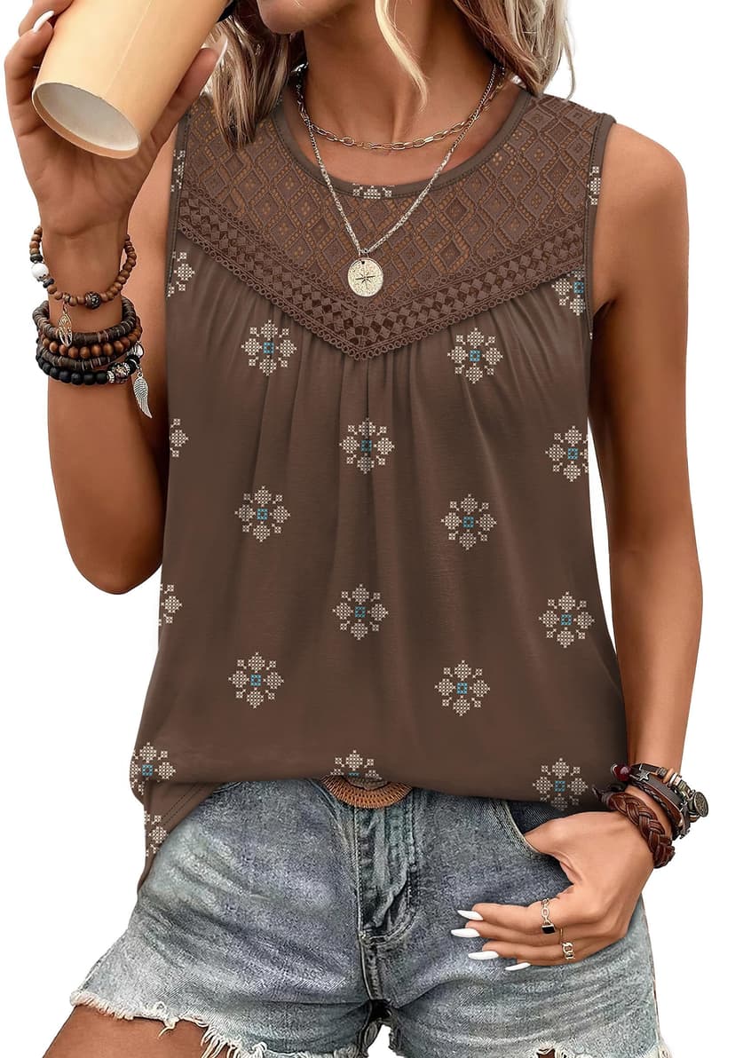 XIEERDUO Womens Tank Tops Sleeveless Lace Crochet Boho Tops Loose Fit Pleated Tunics Crewneck Summer Vacation Outfits Flowy