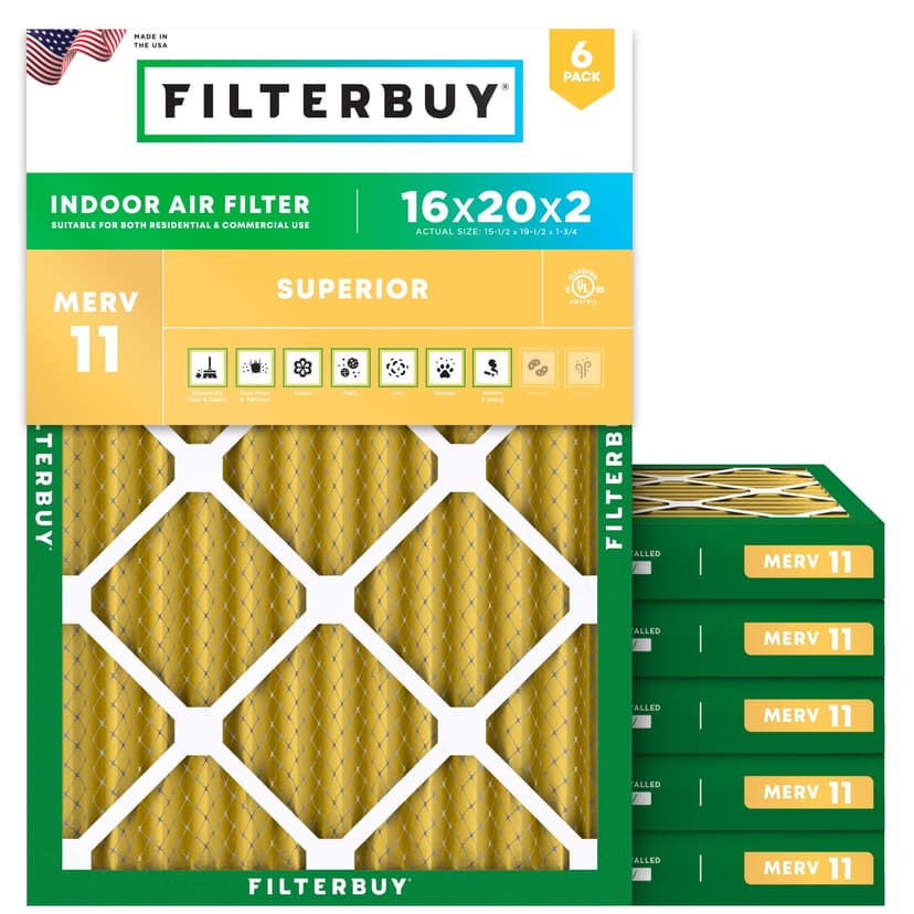 Filterbuy 16x20x2 Air Filter MERV 11 Superior Pet & Allergy Defense (6-Pack), Electrostatic Pleated HVAC AC Furnace Filters Replacement, Made in USA (Actual Size: 15.50 x 19.50 x 1.75)