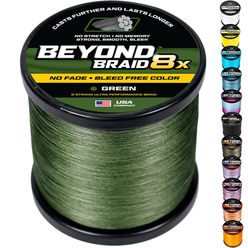 Beyond Braid Braided Fishing Line -Super Strong - Abrasion Resistant - No Stretch -Blue Camo, Moss Camo, White, Green, Pink, Blue, 4 Strand 8 Strand