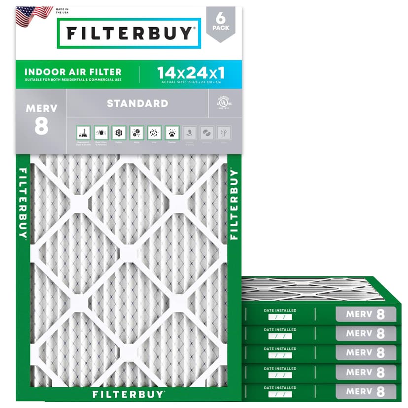 Filterbuy 14x24x1 Air Filter MERV 8 Essential Dust & Allergy Defense (6-Pack), Electrostatic Pleated HVAC AC Furnace Filters Replacement, Made in USA (Actual Size: 13.38 x 23.38 x 0.75)