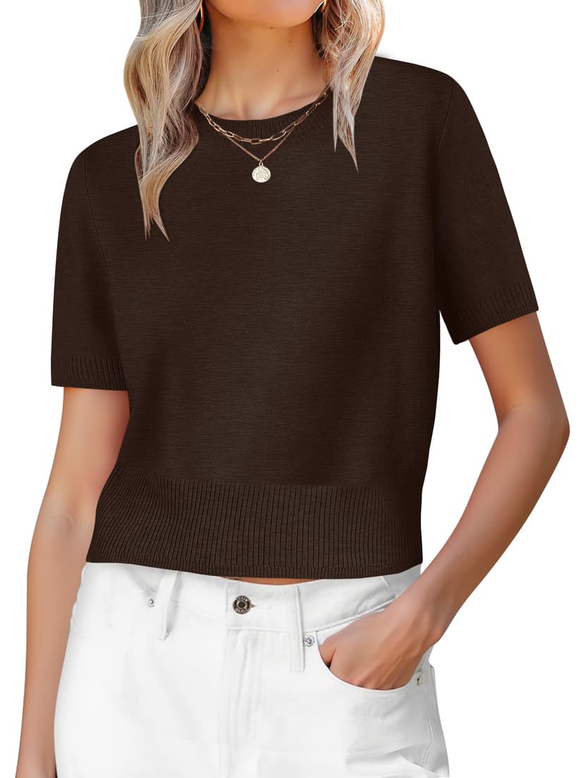 ANRABESS Womens Short Sleeve Sweaters Cropped Crew Neck | Business Casual Work Tops, Comfy Lightweight Knit Pullover, Classic Sweater Shirts, Spring Summer Fall Outfits
