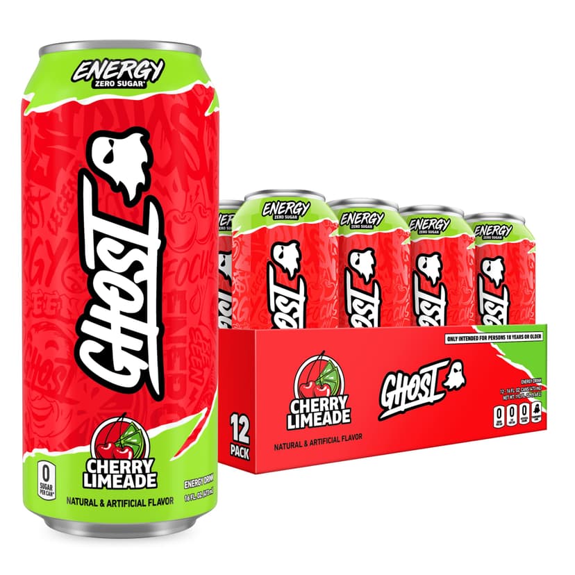 GHOST Energy Drink, Zero Sugars, 12-Pack, Cherry Limeade, 16oz | Energy & Focus Pre Workout Drink, No Artificial Colors, Gluten-Free, Vegan - 200MG Natural Caffeine, L-Carnitine, Taurine