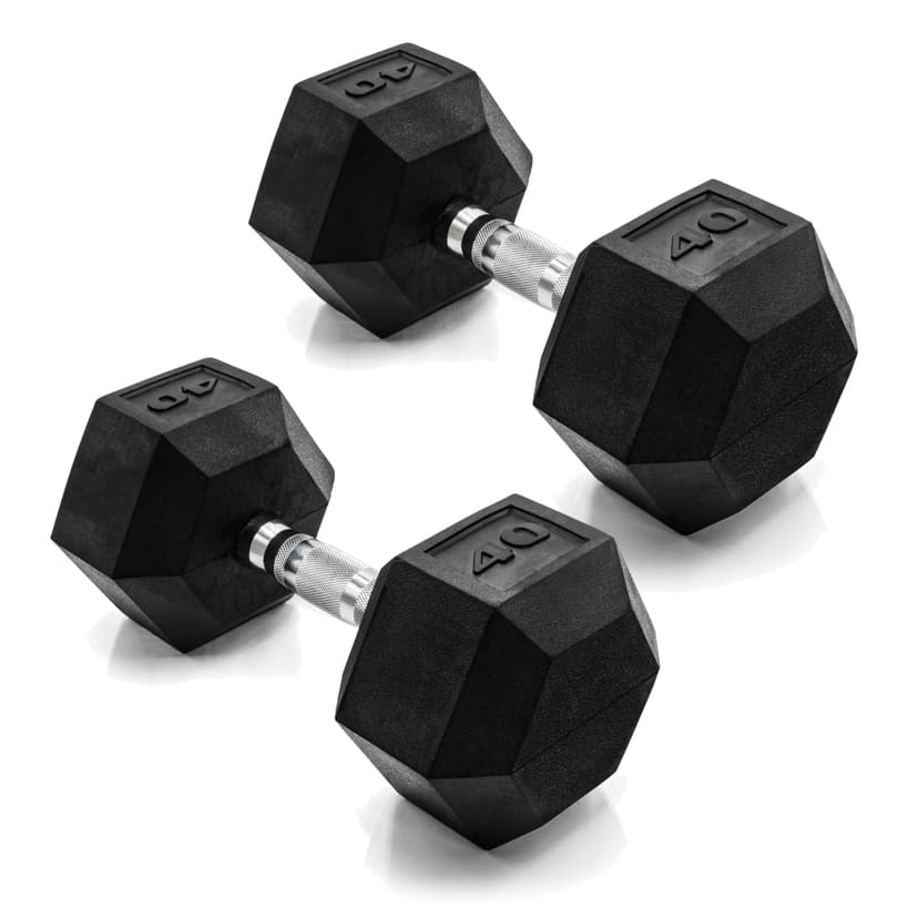 CAP Rubber Coated Dumbbell Weights, Free Weights for Home Gym Strength Training, Anti-Roll Hex Dumbbells with Black, Chrome & Comfort Grip Handles, Pairs & Sets