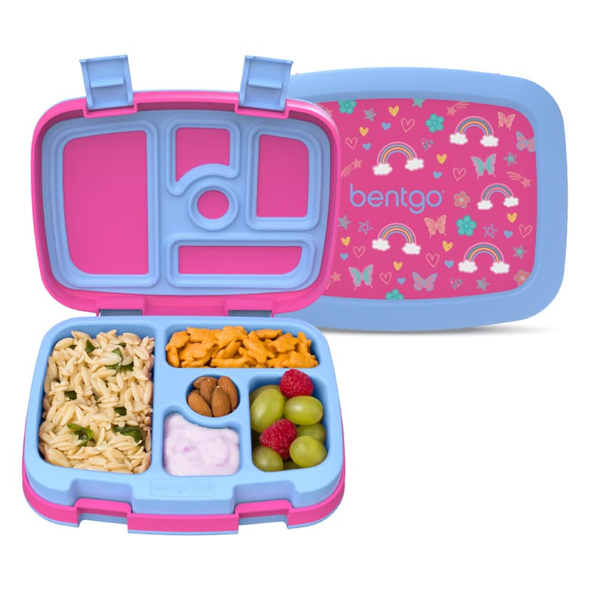Bentgo Kids Prints Leak-Proof 5-Compartment Bento-Style Kids Lunch Box | Ideal Portion Sizes for Ages 3-7, Durable, Drop-Proof, Dishwasher Safe, PFAS & BPA-Free Materials (Rainbows and Butterflies)