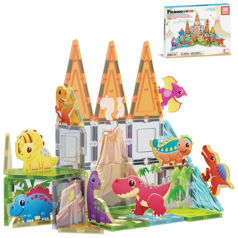 PicassoTiles Dinosaur Magnetic Tiles, STEM Building Blocks Toy Set Ages 3+ | 38 pieces, 8 action figures, vibrant Jurassic world, screen-free activity, color shape recognition, durable BPA-free plasti