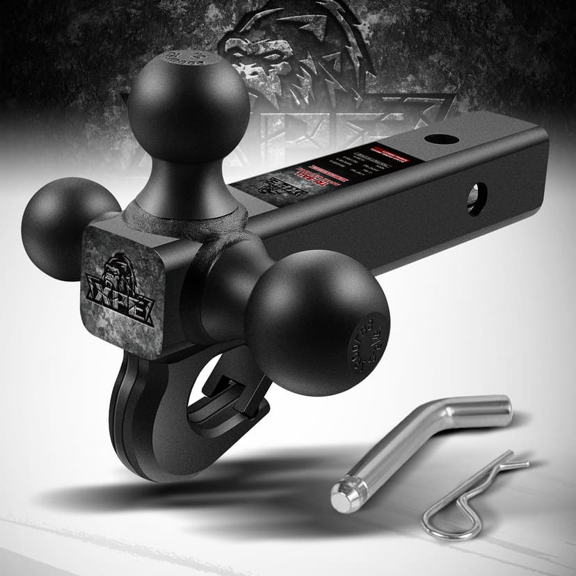 Trailer Hitch Tri Ball Mount with Hook,Fits 2” Hitch Receiver,1-7/8", 2"& 2-5/16"Matt Black Plated Balls ,Secure with Self-Lock Latch, 10,000 LBS GTW,for RV,SUV, ATV and Truck etc