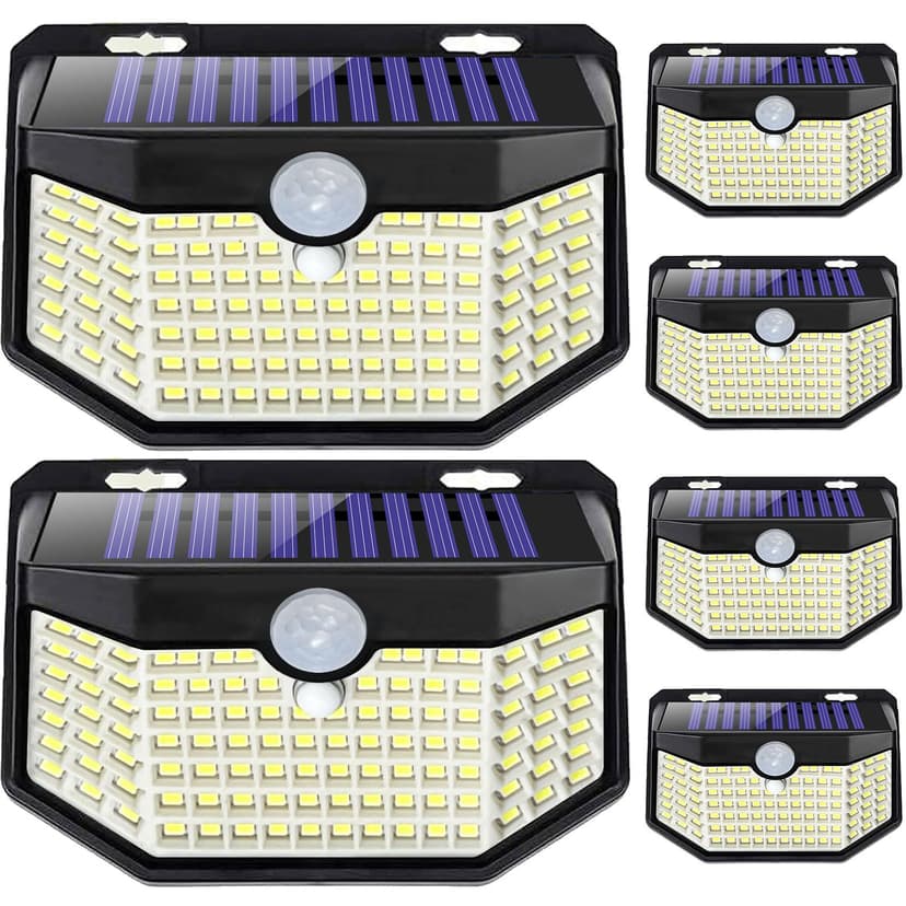 HMCITY 120 LED Outdoor Solar Lights with Motion Sensor and 3 Lighting Modes, IP65 Waterproof Wide Solar Wall Lights Ideal for Garden Patio Yard (Front Button 6Packs, Black Shell-Daylight White)