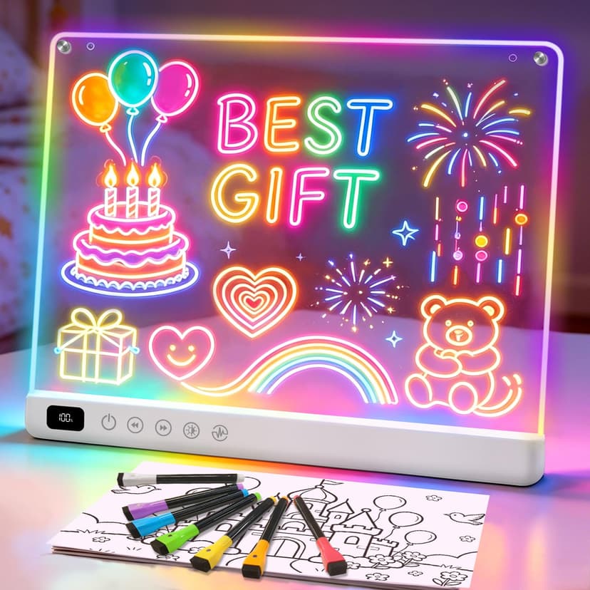 Cosmody Rechargeable LED Drawing Board,Gift for Boys Girls Ages 3+ (White) | Large 16" Neon Light Up Drawing Pad with 8 Colors & 6 Modes,Glowing Arts and Crafts Toy, Birthday & Christmas Gift for Kids