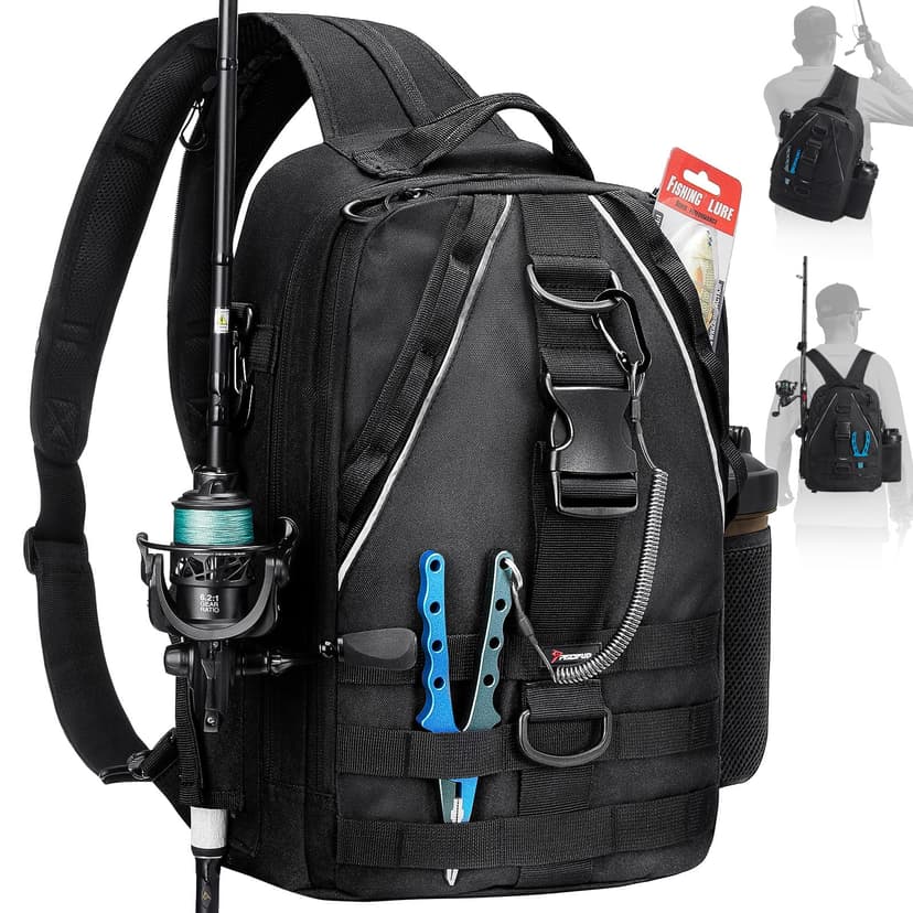Piscifun Fishing Backpack, Rod Holders, Lightweight Sling Bag, Black Large | Fits 2x3600 trays, bottle pocket, MOLLE loops, 4-way carry for short bank fishing trips