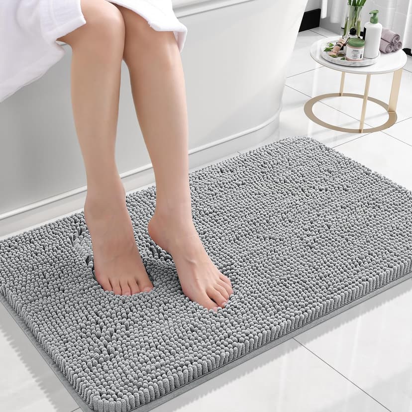 OLANLY Bathroom Rugs 24x16, Extra Soft Absorbent Chenille Bath Rugs, Rubber Backing Quick Dry, Machine Washable Bath Mats for Bathroom Floor, Tub and Shower, Home Decor Accessories, Light Grey