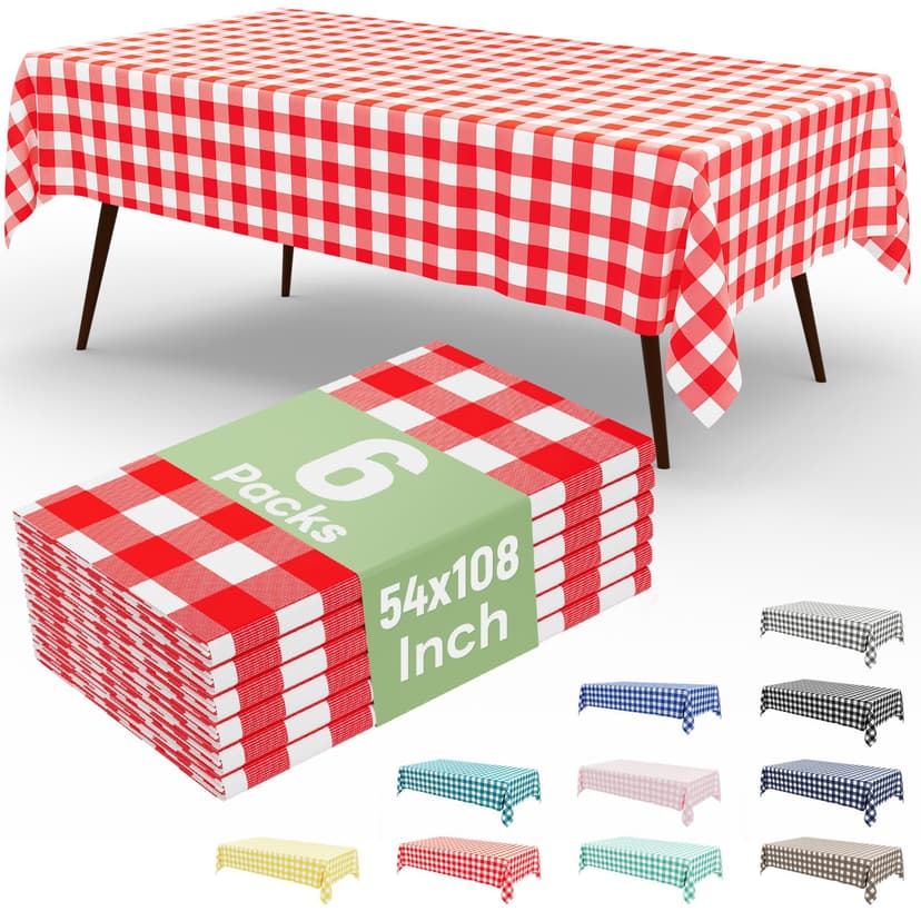 misaya 6 Packs Buffalo Disposable Table Cloth, 54 x 108 Inch Waterproof Plastic Tablecloth, Rectangle Red and White Checkered Table Covers for Picnic, Birthday, Party, Back to School