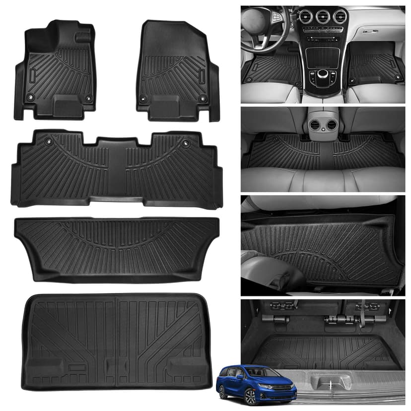 Powerty Floor Mats Cargo Liner for Honda Odyssey 2026 2025-2018 Mini Passenger Van Car Mats All Weather 3D TPE Anti-Slip Car Protection, 1st & 2nd & 3rd Set with Rear Cargo Mat Accessories