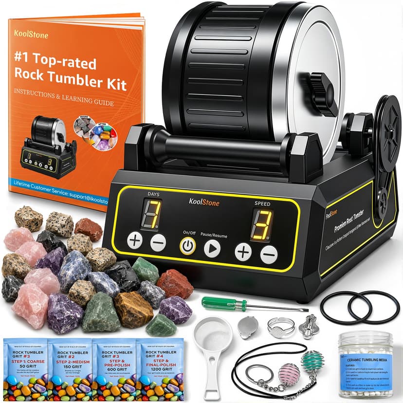 KoolStone C1 Rock Tumbler Kit - 2.5LB Rotary Rock Tumbler for Adults & Hobbyists, Quiet Rubber Barrel, Adjustable Timer & 3 Speeds, Complete Gem Polishing Kit with Memory Function
