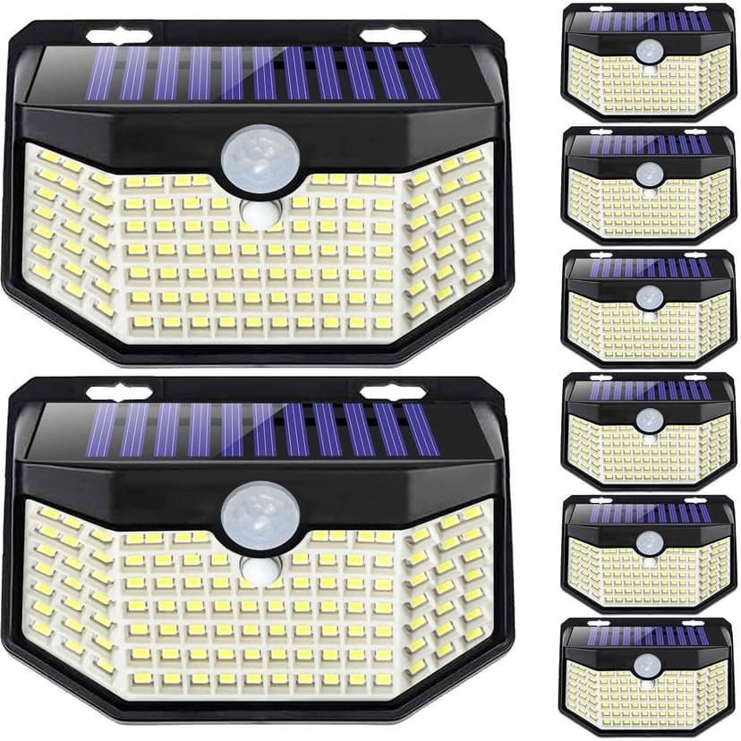 HMCITY 120 LED Outdoor Solar Lights with Motion Sensor and 3 Lighting Modes, IP65 Waterproof Wide Solar Wall Lights Ideal for Garden Patio Yard (Front Button 8Packs, Black Shell-Daylight White)