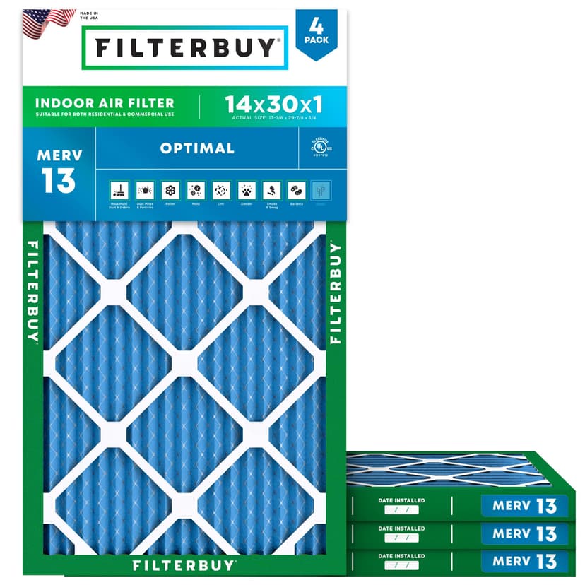 Filterbuy 14x30x1 Air Filter MERV 13 Smoke & Allergy Defense (4-Pack) | Electrostatic Pleated HVAC AC Furnace Filters Replacement, Made in USA (Actual Size: 13.88 x 29.88 x 0.75)