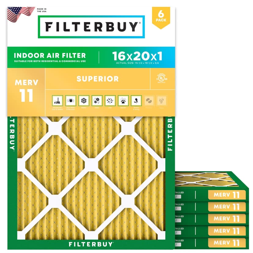 Filterbuy 16x20x1 Air Filter MERV 11 Superior Pet & Allergy Defense (6-Pack), Electrostatic Pleated HVAC AC Furnace Filters Replacement, Made in USA (Actual Size: 15.50 x 19.50 x 0.75)