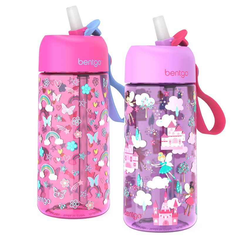 Bentgo Kids Water Bottle 2-Pack, Leak-Proof, 15 oz, Bite & Sip Spout | Durable Tritan, BPA-Free, Shatter-Resistant, Carry Handle, Top-Rack Dishwasher Safe (Rainbows & Butterflies/Fairies)