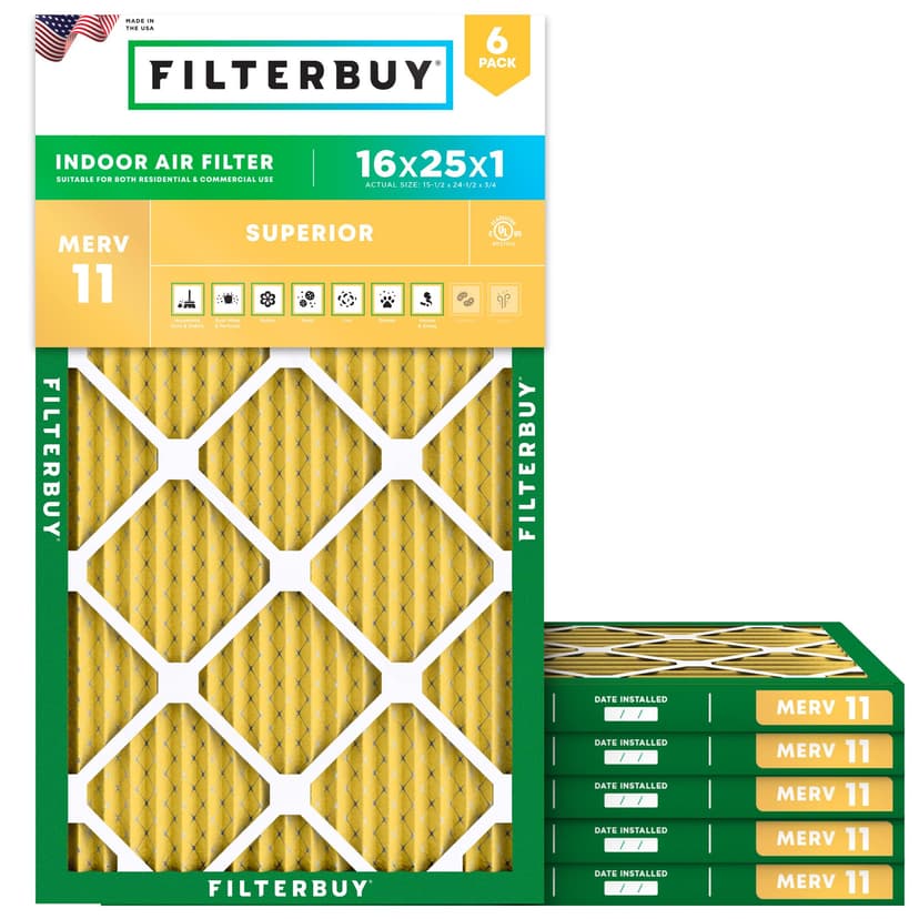 Filterbuy 16x25x1 Air Filter MERV 11 Superior Pet & Allergy Defense (6-Pack), Electrostatic Pleated HVAC AC Furnace Filters Replacement, Made in USA (Actual Size: 15.50 x 24.50 x 0.75)