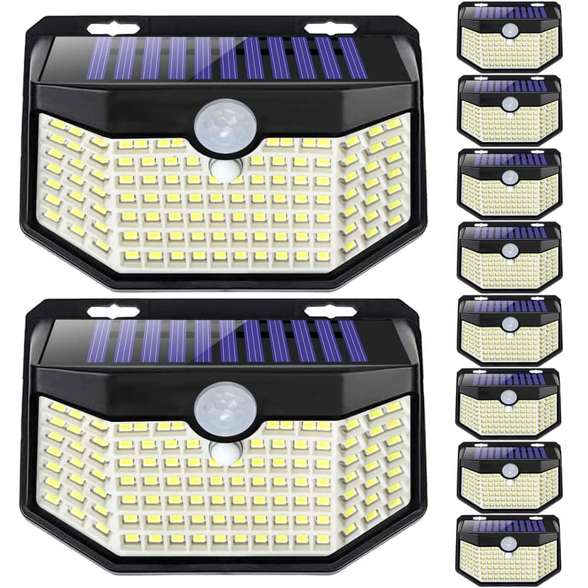 HMCITY Outdoor Solar Lights 120 LED with Motion Sensor and 3 Lighting Modes, IP65 Waterproof, 130 ° Wide Solar Wall Lights Powered for Garden Patio(Front Button 10Packs, Black Shell-Daylight White)