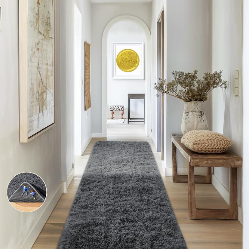 Ophanie Runner Rug for Hallway, 2x6 Upgrade Non-Slip Fluffy Soft Bedside Rugs, Bedroom Living Room Grey Shaggy Gray Carpet for Kids Girls Boys Dorm Nursery Home Decor Aesthetic