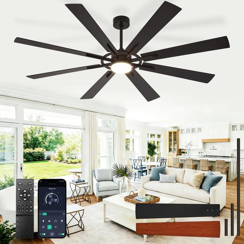 BvenuBigLite Large Ceiling Fans with Lights: Modern 72 Inch 8 Blade Outdoor Ceiling Fan with Remote APP Control - Dimmable Black Big Fan Light Indoor Reversible 6 Speed Quiet DC Motor