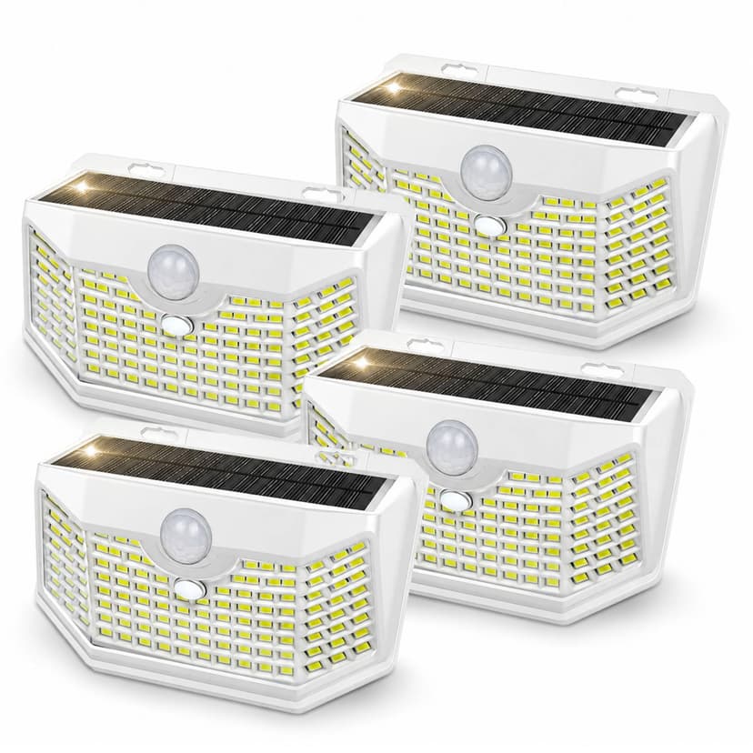 HMCITY 120 LED Outdoor Solar Lights with Motion Sensor, 4 Pack, White | 3 Lighting Modes, IP65 Waterproof, Front Button Control, Wide Solar Wall Lights Ideal for Garden Patio Yard