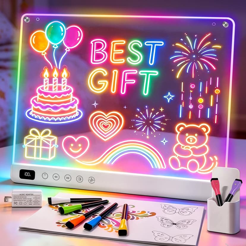 Cosmody Rechargeable LED Drawing Board for Kids, Large 16" Light Up Drawing Pad with 8 RGB Colors & 6 Dynamic Modes, Neon Art Dry Erase Board with Tracing Book & 7 Markers,Creative Gift for Girls Boys