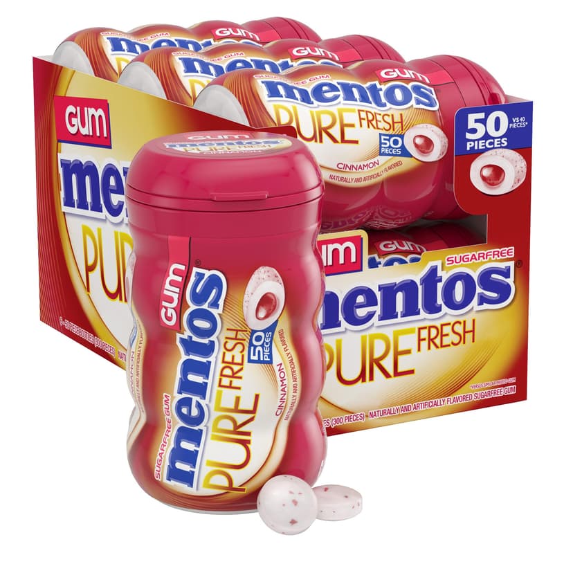 Mentos Sugar Free Gum with Xylitol, Cinnamon, 50 Piece Bottle (6 Pack) | Chewing Gum, Perfect for Long Lasting Fresh Breath at School, Work & Travel