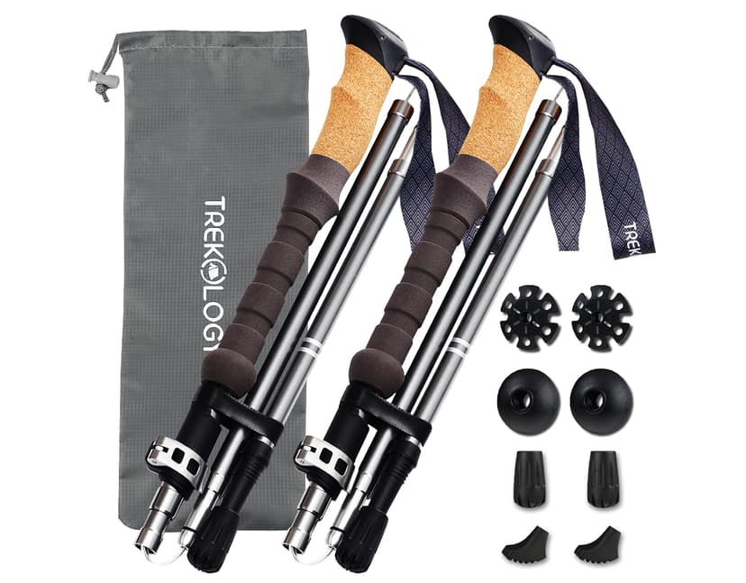 Trekology Trek-Z Cork Grip Collapsible Lightweight Hiking Trekking Poles | Adjustable folding aluminum walking stick for men, women and seniors; foldable, retractable staff for travel and balance