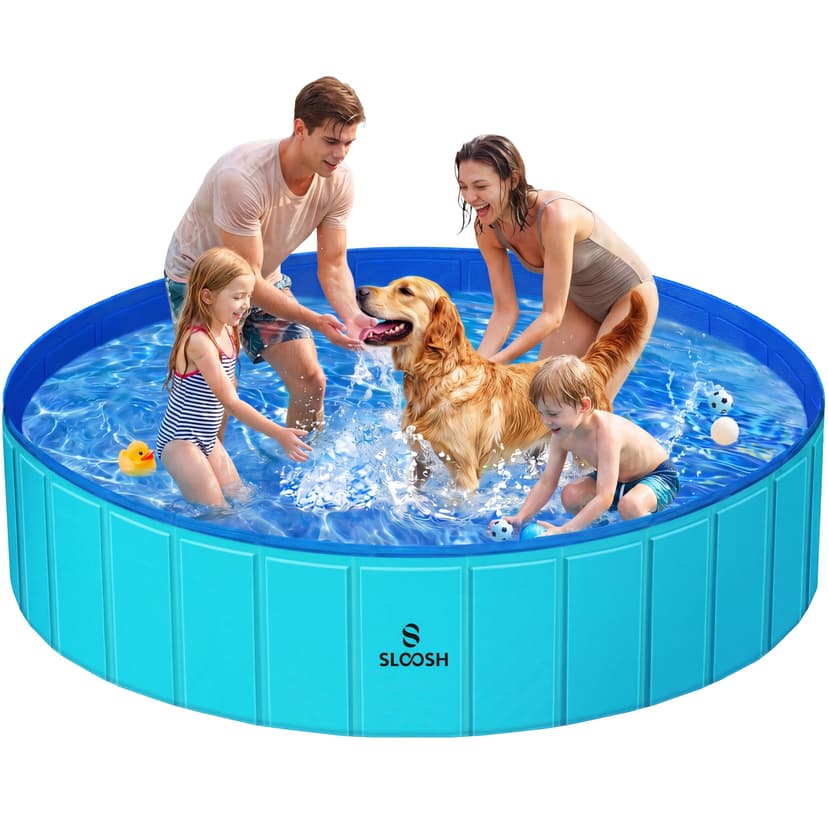 SLOOSH Foldable Dog Kiddie Pool - Portable Hard Plastic Doggie Swimming Pool, Anti-Slip Collapsible Pets Bath Tub Suitable for Kids Toddler Indoor Outdoor Backyard Use (Blue, 71" x 12")