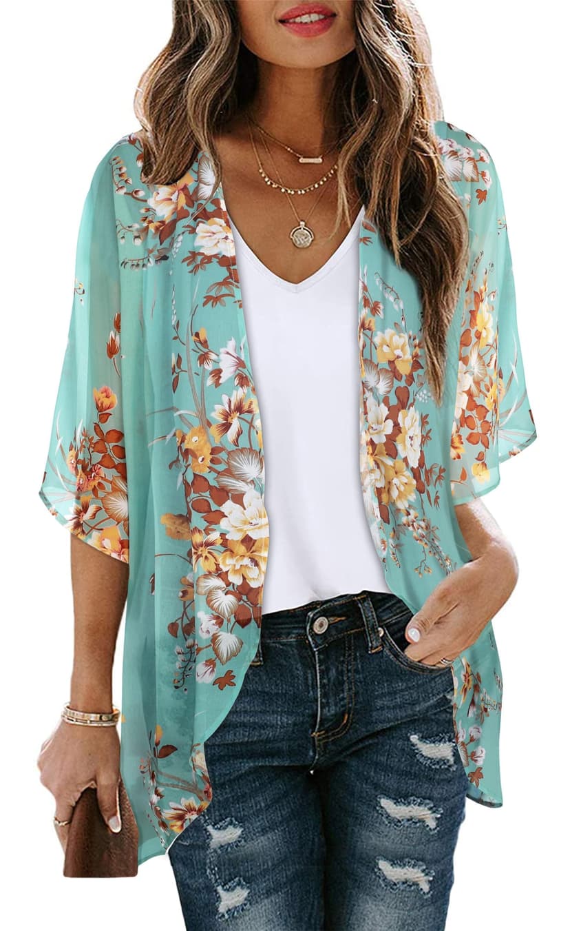 Women's Floral Print Puff Sleeve Kimono Cardigan Loose Cover Up Casual Blouse Tops 2026
