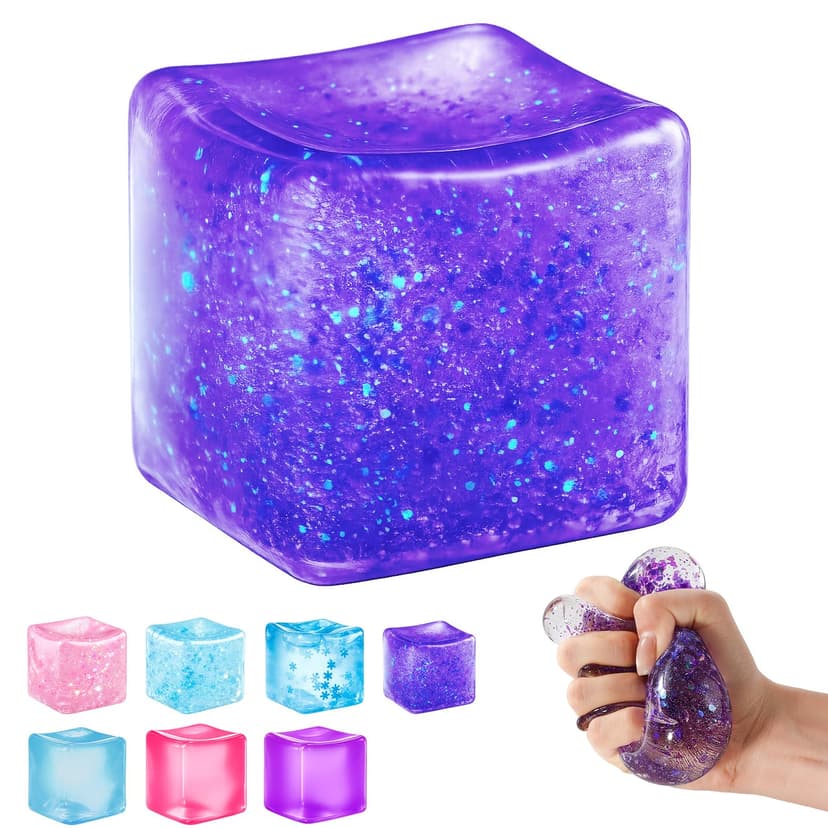 Cube-Shaped Squishy Fidget Toy-Slow Rising Stress Sensory Ball for Teens | Squeeze Toy for Anxiety Relief, Focus & Relax, Washable Soft Fidget for Students, Classroom & Office - Purple Glitter