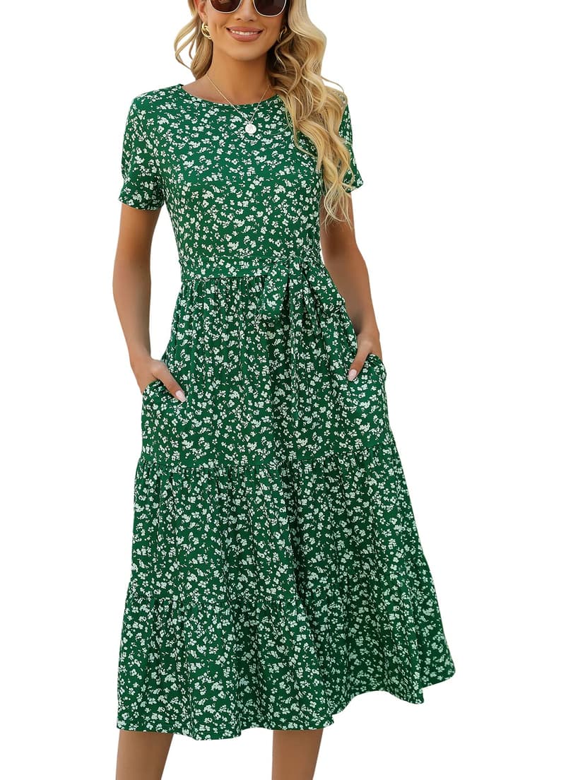 Lyrur Women's Summer Casual Short Sleeve Modest Teacher Church Midi Dress | Crew Neck, Tie Waist, Side Pockets, Flowy A-Line Fit for School Work Outfits for Educators, Office, Classroom and Daily Wear