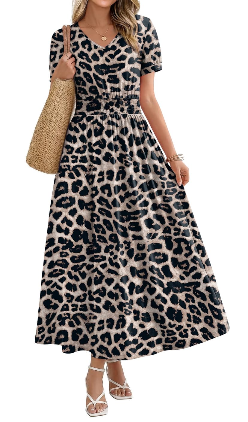OFEEFAN Maxi Dresses for Women V Neck Ladies Midi Long Dress A Line Smocked Waisted Casual Summer Spring Clothes Boho Beach