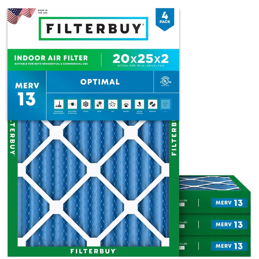 Filterbuy 20x25x2 Air Filter MERV 13 Optimal Smoke & Allergy Defense (4-Pack), Electrostatic Pleated HVAC AC Furnace Filters Replacement, Made in USA (Actual Size: 19.50 x 24.50 x 1.75)
