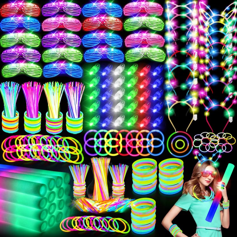 OLUPP 282 PCS Glow in the Dark Party Supplies, 18 Foam Sticks, 18 LED Glasses, 200 Glow Sticks, 30 Finger Lights, 8 Bunny Ear Headband and 8 LED Cat Ear Headband for Wedding,Birthday,Concert,New Year