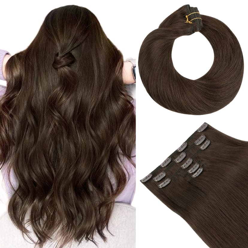 HOTBANANA Real Human Hair Clip in Hair Extensions, 5Pcs 80g 20 Inch Chocolate Brown Straight Remy Clip in Extensions