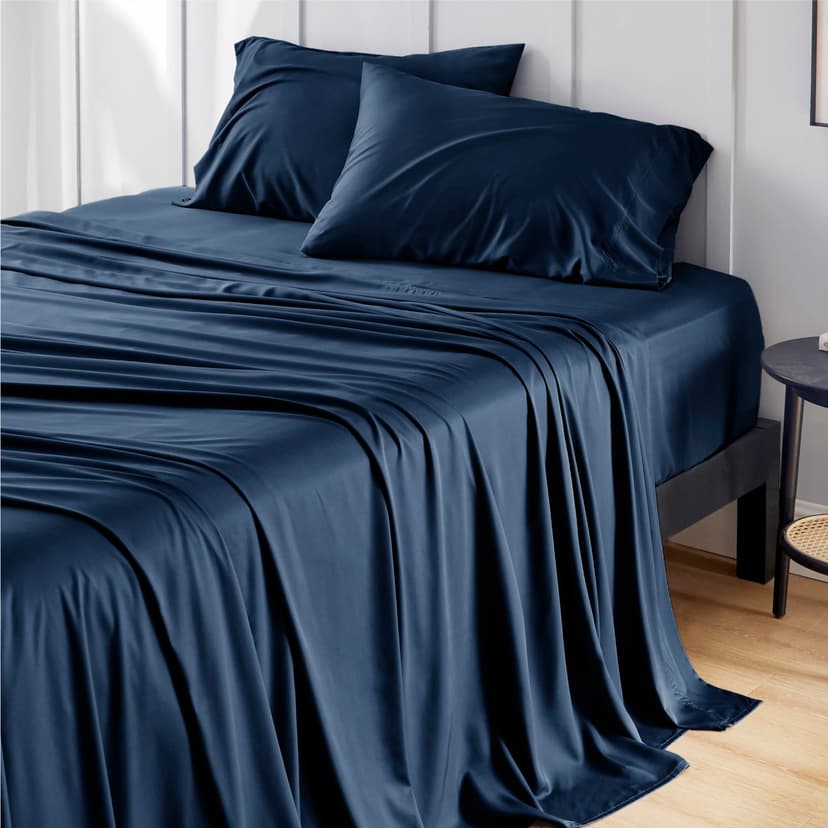 Bedsure PureWoven 100% Rayon Derived from Bamboo, Queen Sheets, 4 Pieces | Cooling Sheets for Hot Sleepers, Breathable & Silky Soft, 16" Deep Pocket, Hotel Luxury Bedding, Navy
