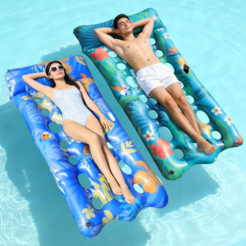 Shinepool Pool Floats Adult, 65" Thicken PVC Inflatable Pool Float Lounger Rafts with Cup & Phone Holder & Headrest Backrest Footrest, Comfort Pool Floaties for Adults Lake